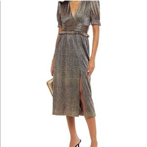 NWT Rebecca Vallance Luna ruffle-trimmed plissé lamé midi dress